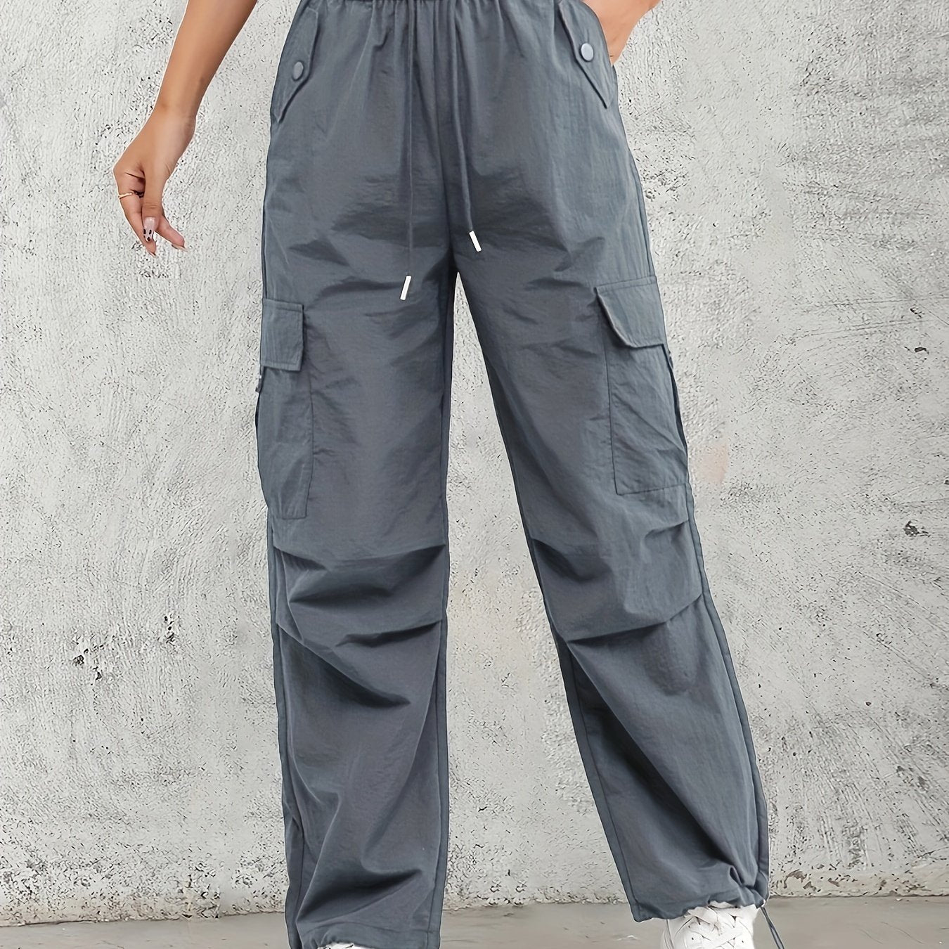Women's High-Waist Cargo Pants with Elastic Drawstring Waistband, Multi-Pocket Design