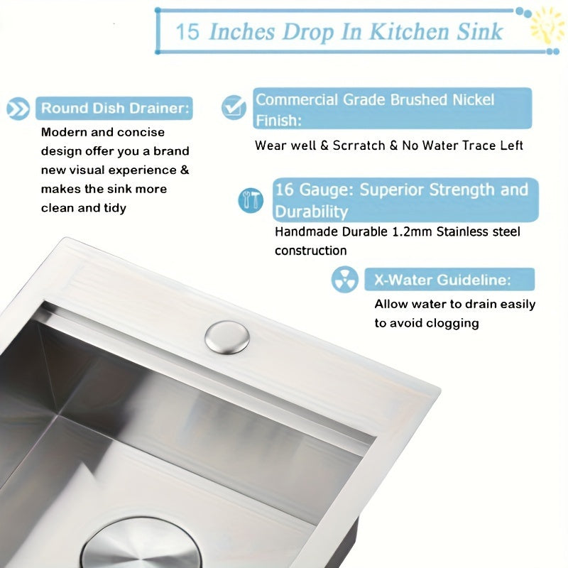 Drop In Small Bar Kitchen Sink, 15 X 15 Single Bowl Top mount RV Sink