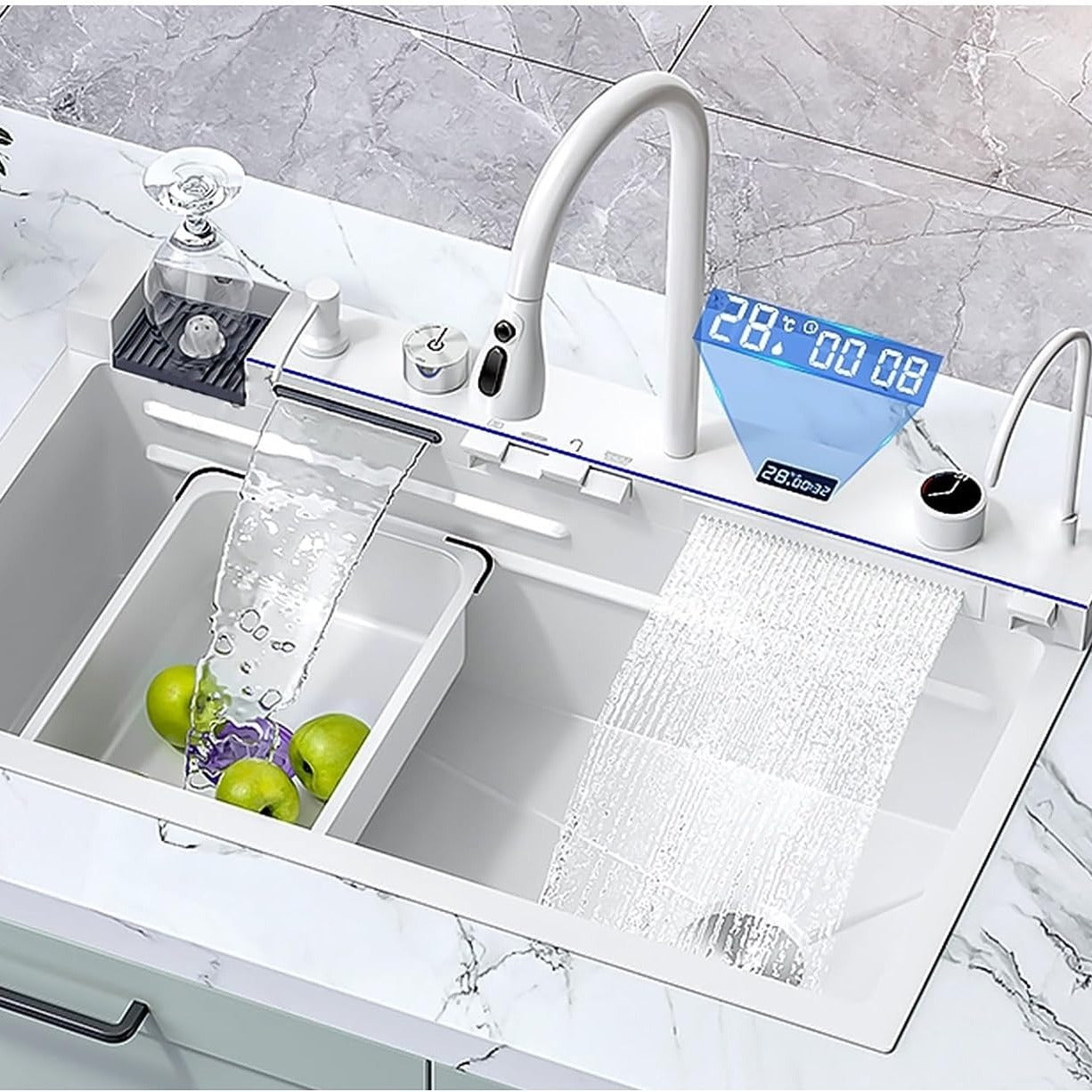 Multifunctional Workstation Kitchen Sink with Digital Display Pull-Out Faucet and Accessories