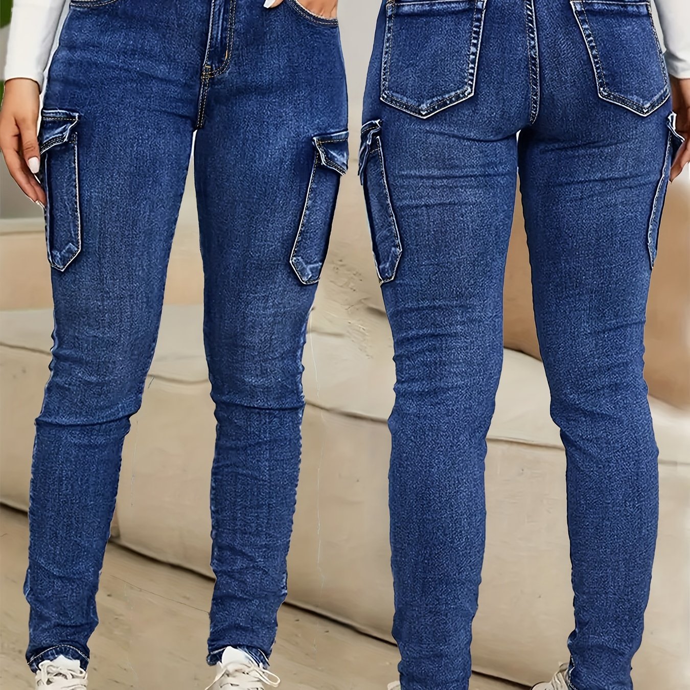 Women's Plus Size High-Waisted Jeans, Multi-Pocket Denim Pants