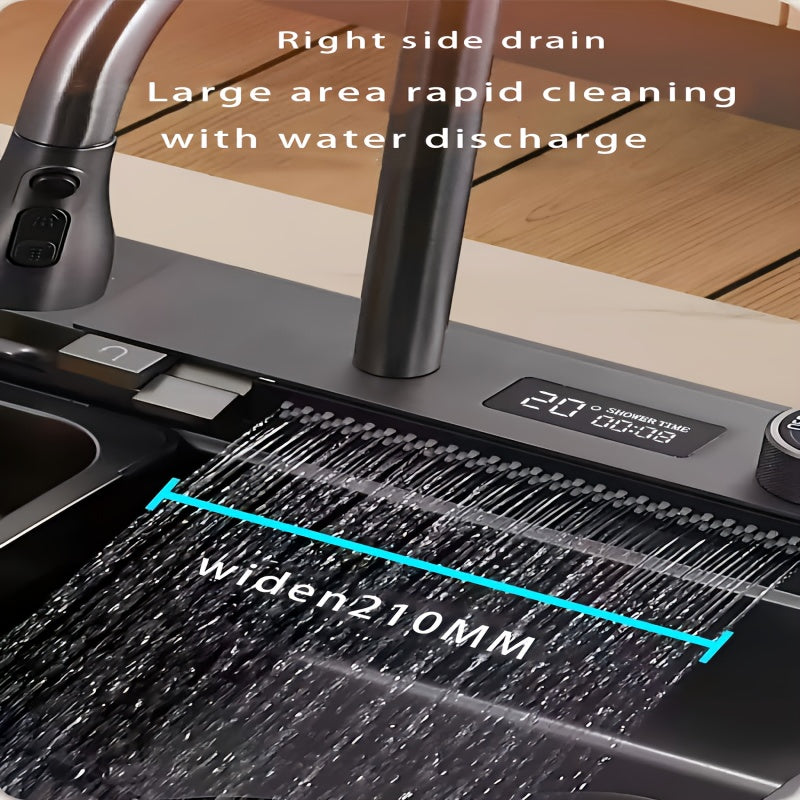 Waterfall Kitchen Sink With Faucet, Sink With LED Display Screen, Top Mounted