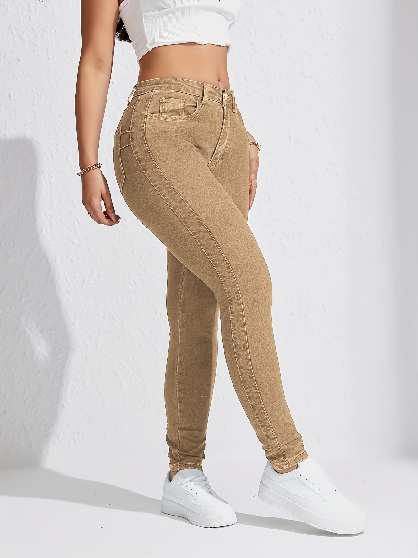 Women's Plus Size Khaki Stretch Skinny Jeans With Slant Pockets, Mid-Rise, Comfort Fit