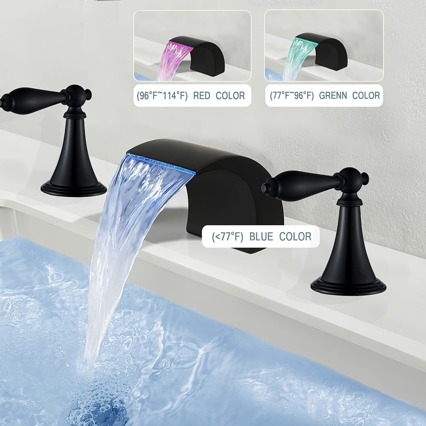 Led Waterfall Widespread Bathroom Sink Faucet 3 Colors Change Led Waterfall Deck Mount