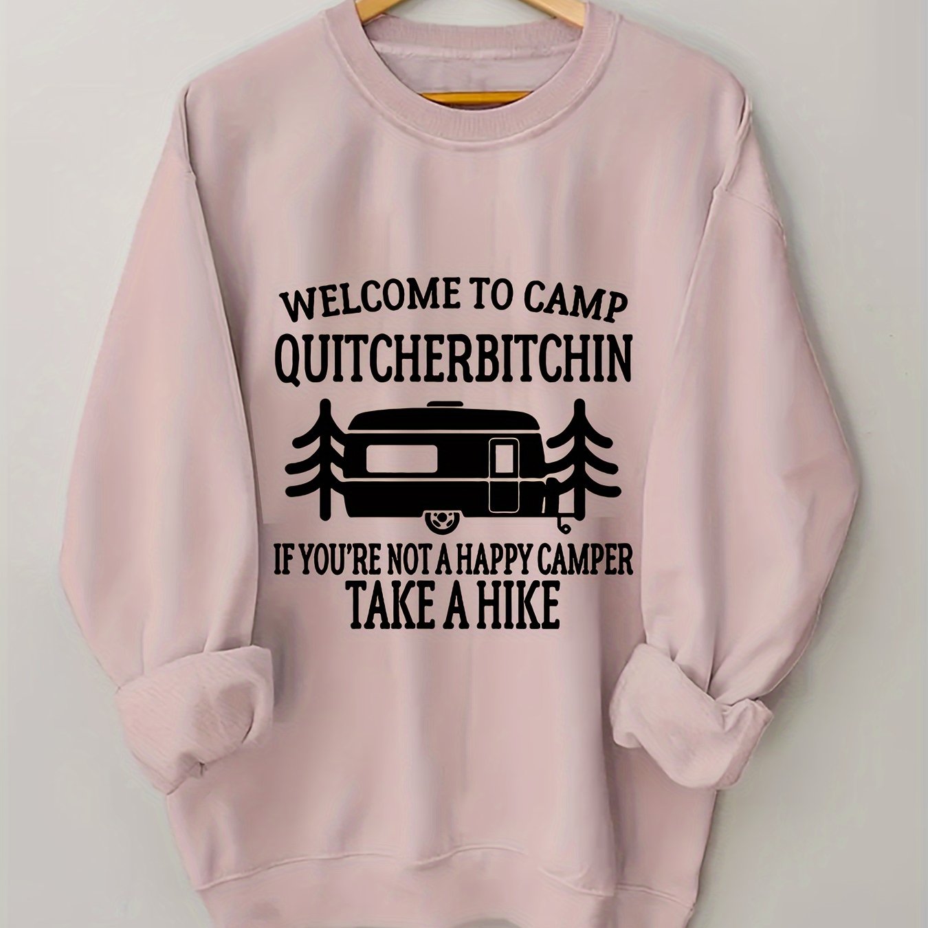 Women's Plus Size Crew Neck Pullover Sweatshirt - Alphabet Print "Welcome to Camp Quitcherbitchin" Graphic