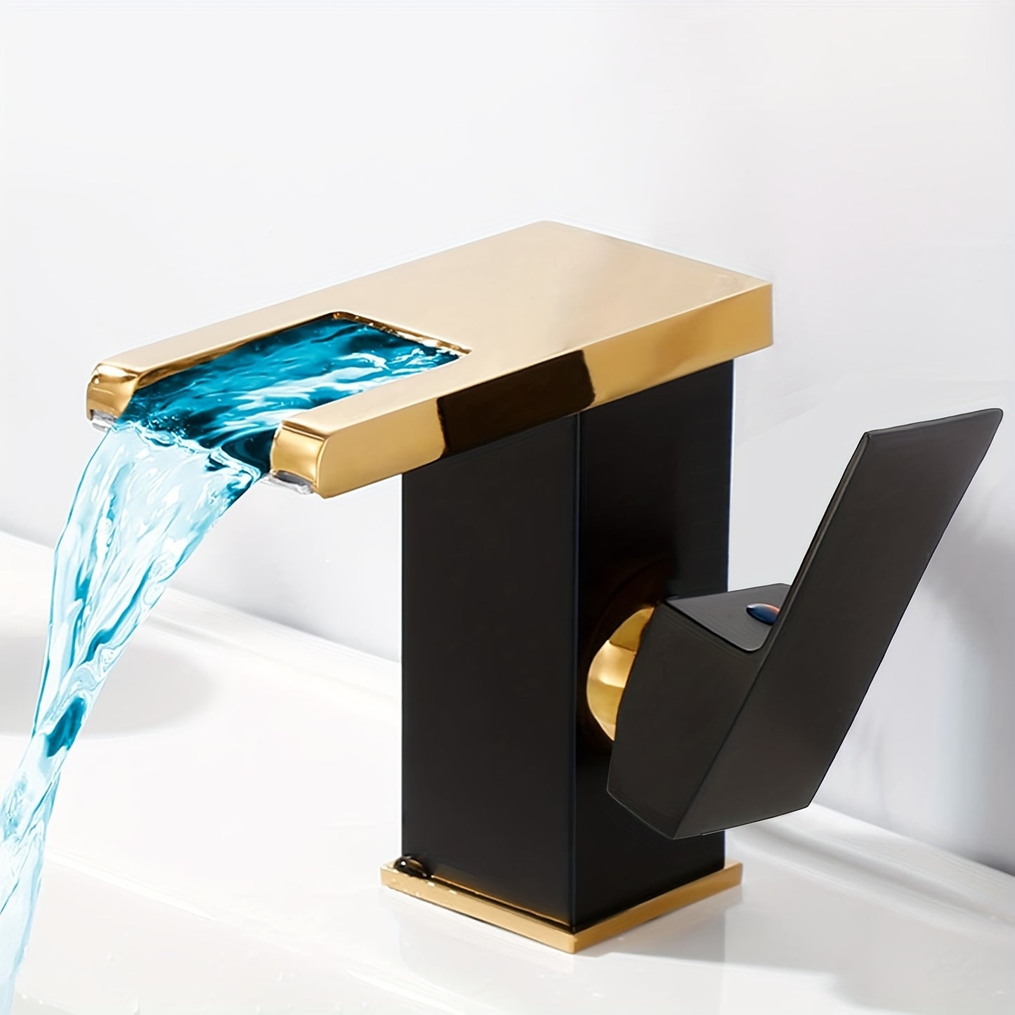 Waterfall Bathroom Faucet Black & Golden Led Light 3 Colors Changing Spout