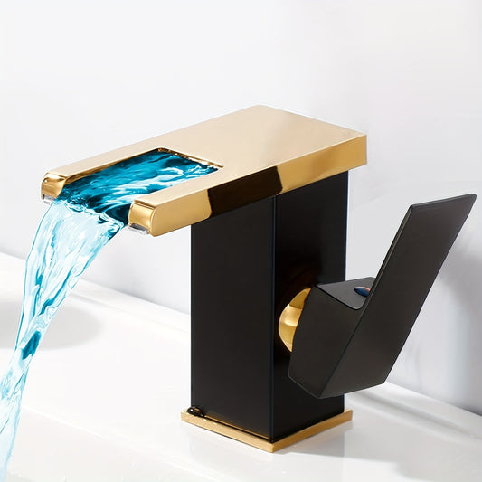 Waterfall Bathroom Faucet Black & Golden Led Light 3 Colors Changing Spout