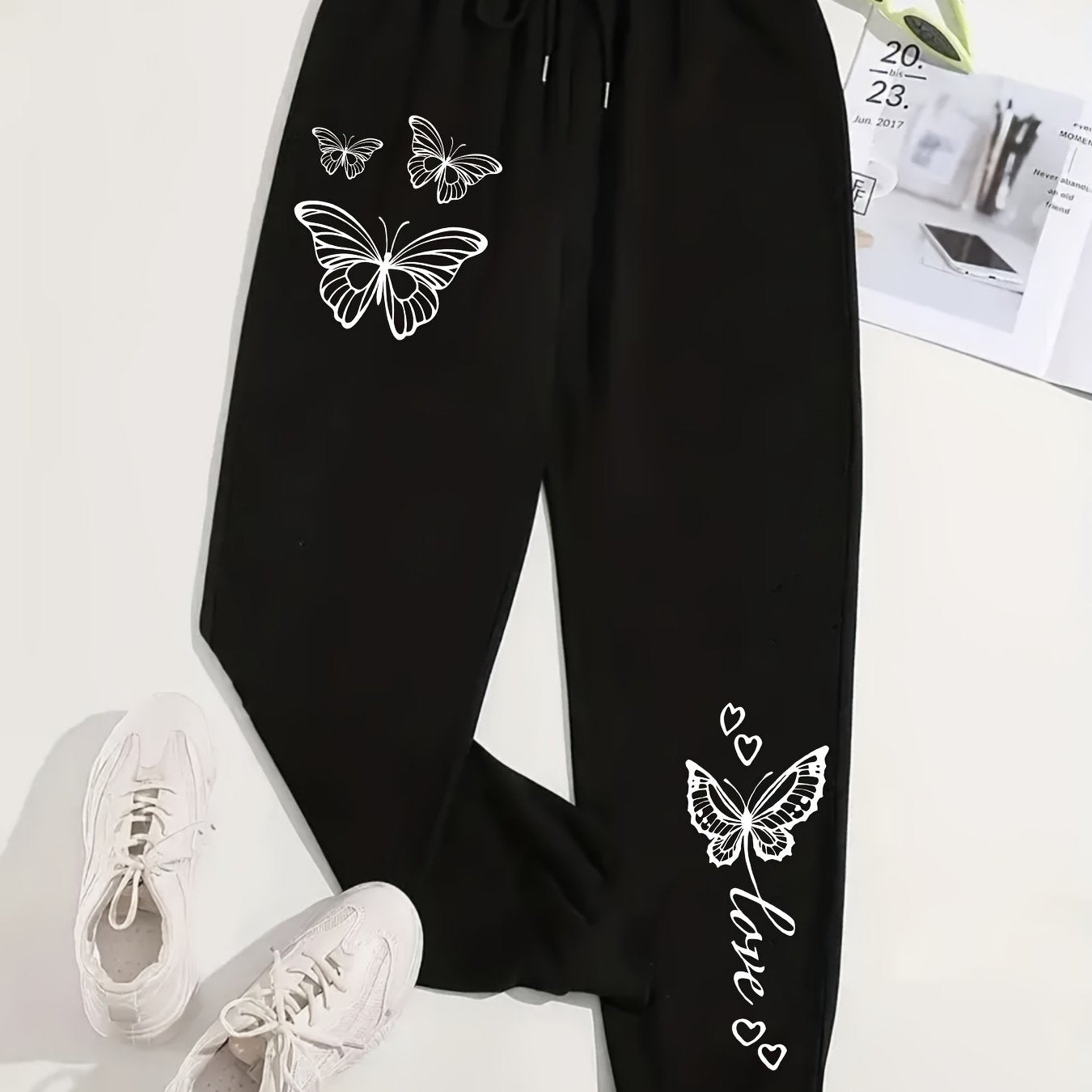 Plus Size Women's Sweatpants, Geometric Butterfly Pattern, 100% Polyester Knit Fabric, Durable Drawstring Pants