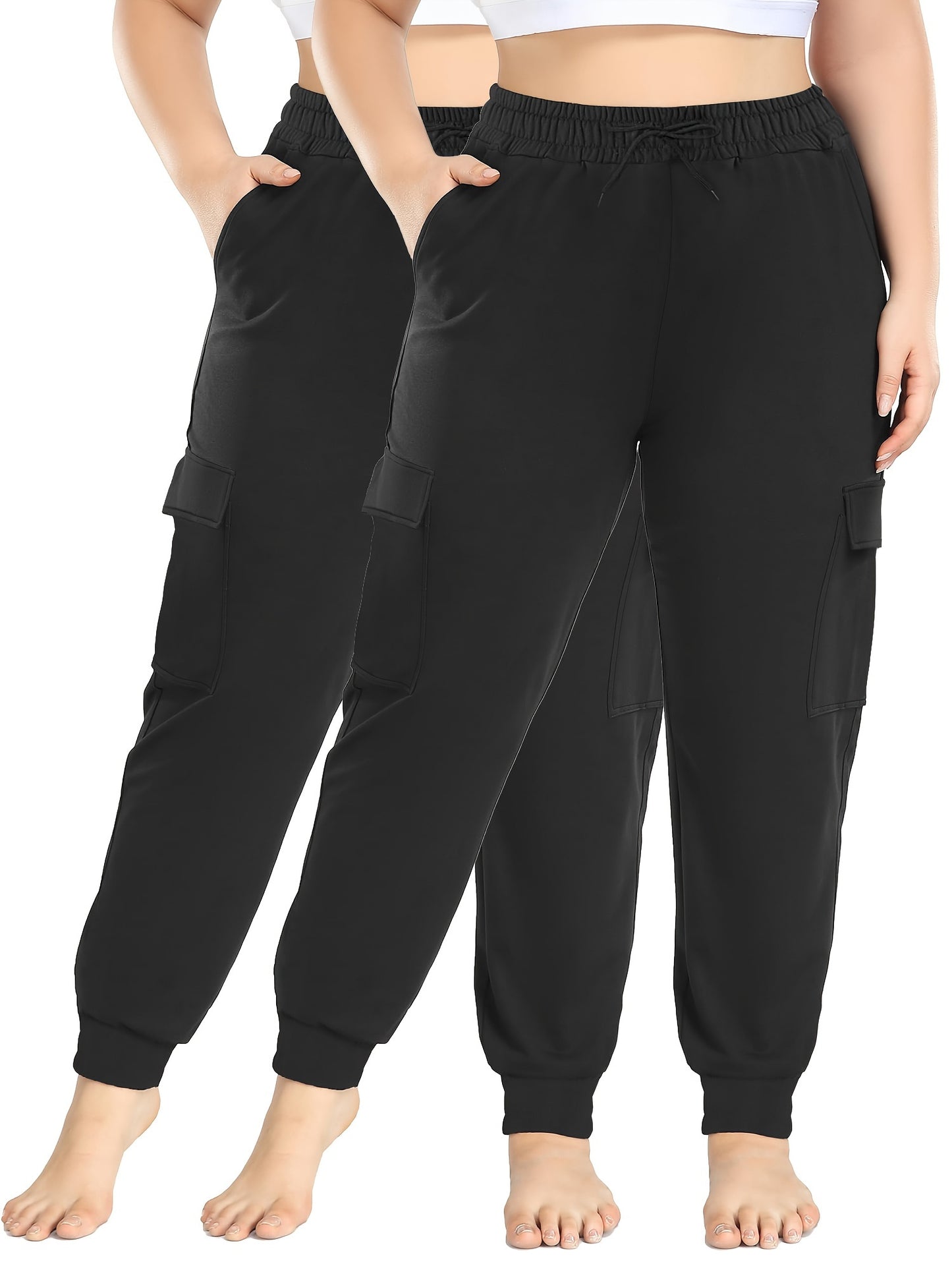 High Stretch 2-Pack Plus Size Drawstring Cargo Pants - With Pockets