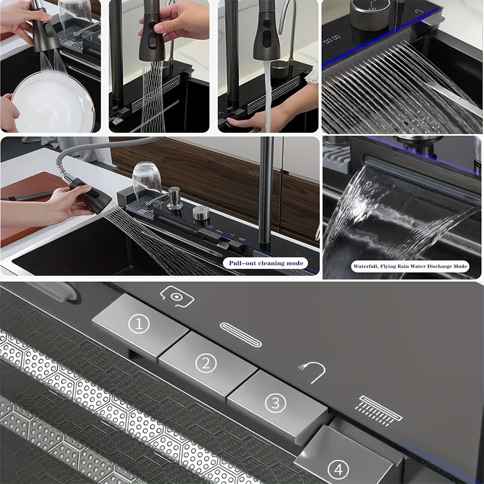 Multi-function Digital Display Waterfall Kitchen Sink, Black Stainless Steel Sink With Two Waterfalls And A Cup Washer
