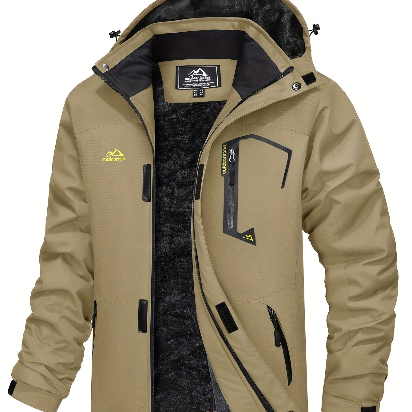 Men Winter Ski Snow Jacket - Multiple Zipper Pockets, Large Storage, Removable Hood, Adjustable Cuffs