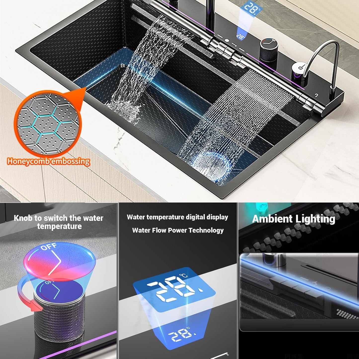 29.5 x 18.1 inch Stainless Steel Honeycomb Single Bowl Kitchen Sinks, Digital Display Double Waterfall Sink, With Pull-out Swivel Faucet and Pressurized Cup Washer (29.5 x 18.1 inch)