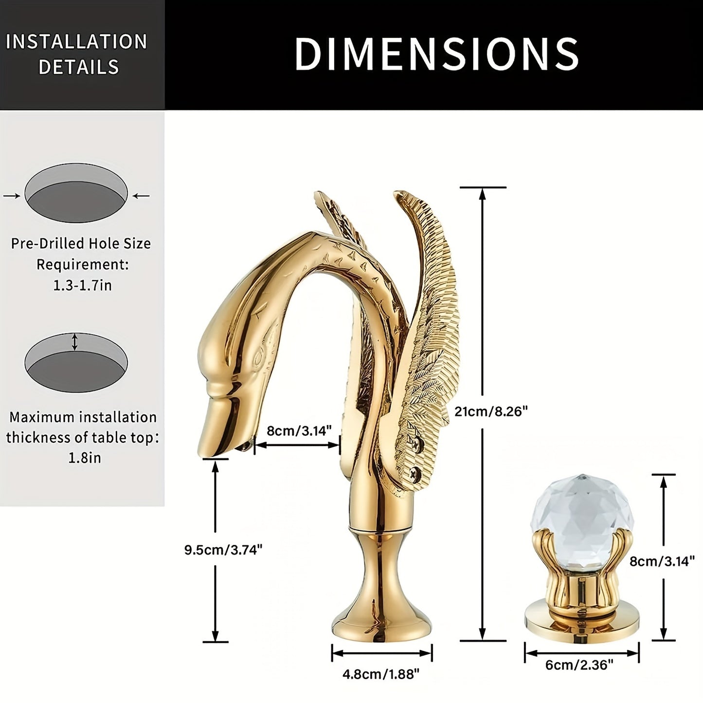 Bathroom Swan Basin Sink Faucet Golden 8-Inch 3 Hole 2 Crystal Handle Deck Mount