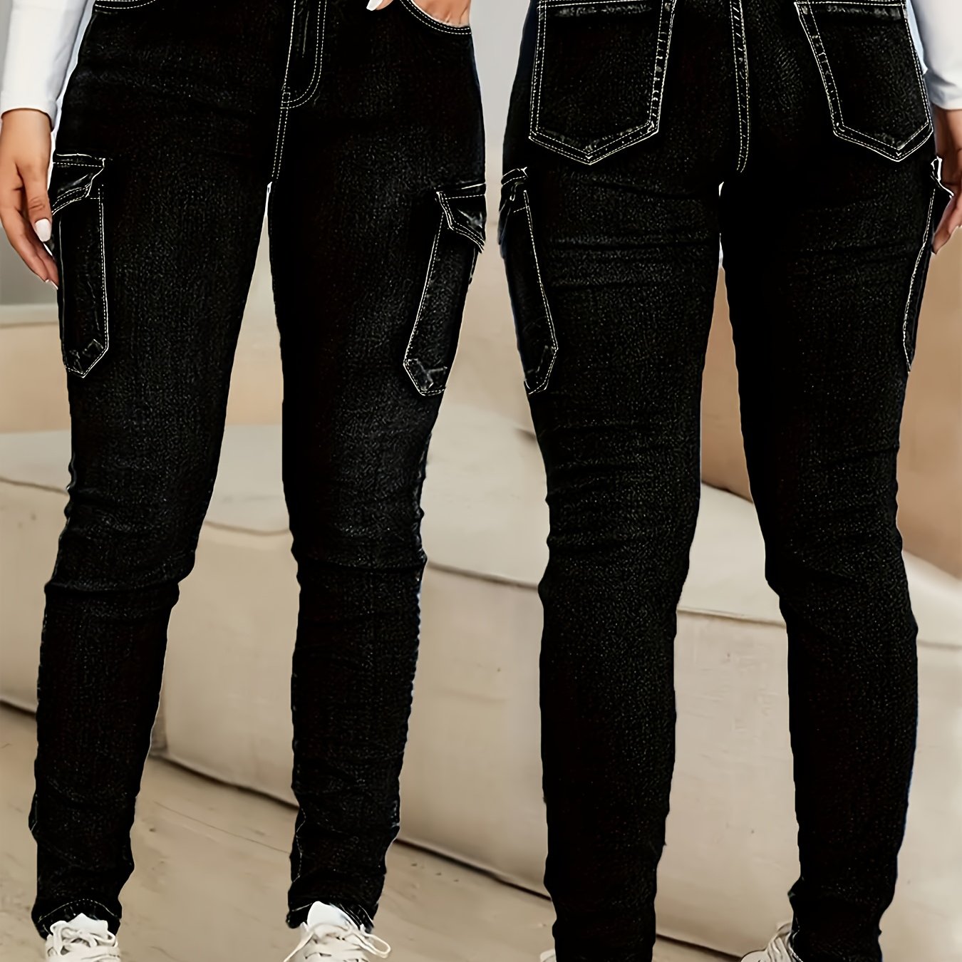 Women's Plus Size High-Waisted Jeans, Multi-Pocket Denim Pants