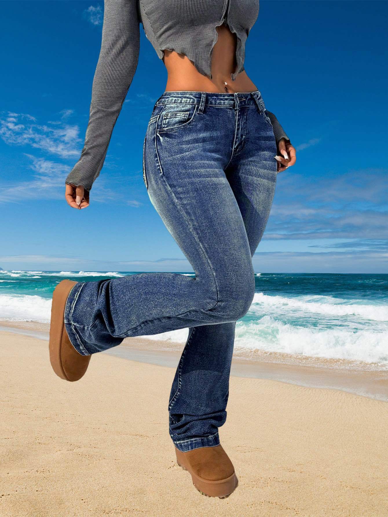 Plus Size Women's Flared Pocket Embroidered Pants Jeans