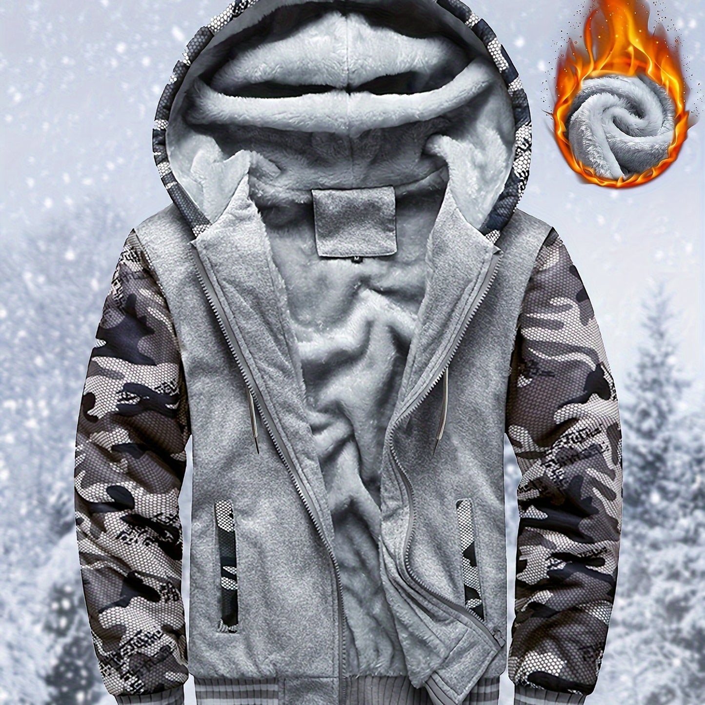 Thick Warm Camo Fleece-Lined Hoodie - Women's Zip-Up Activewear Jacket with Pockets