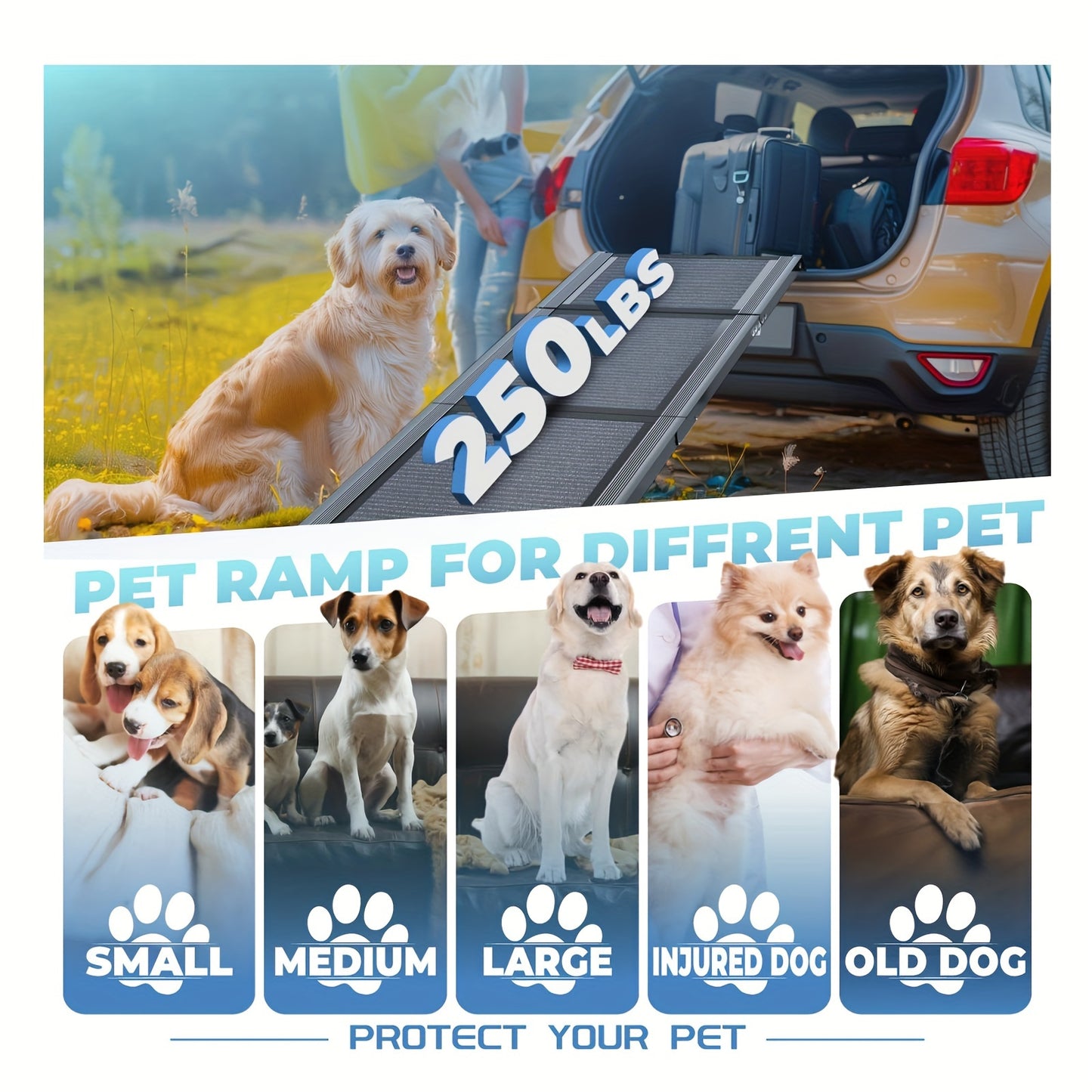 2pcs Dog Ramp For Car, Portable Pet Ramp With 1 Built-in Handle, Folding Dog Ramp For Large And Small Dog