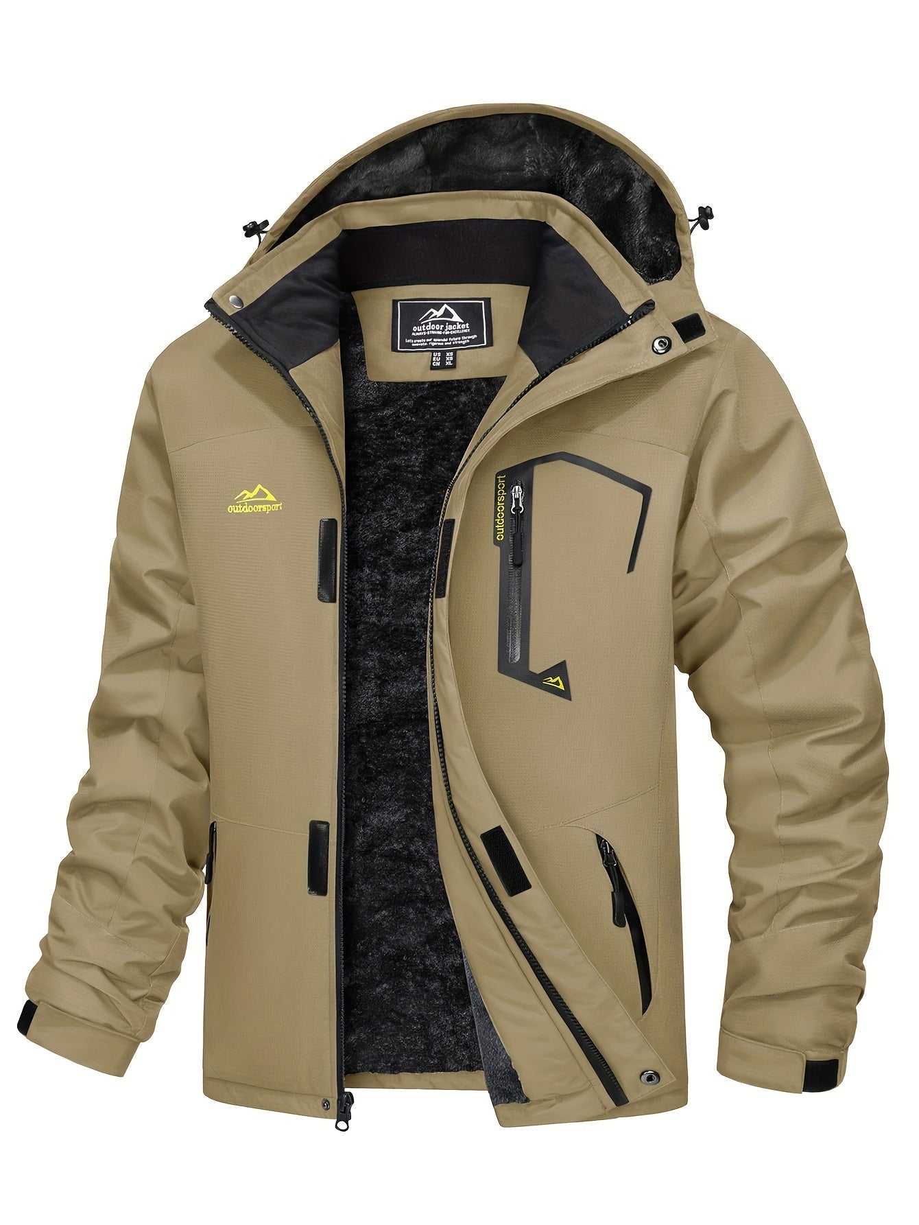 Men Winter Ski Snow Jacket - Multiple Zipper Pockets, Large Storage, Removable Hood, Adjustable Cuffs