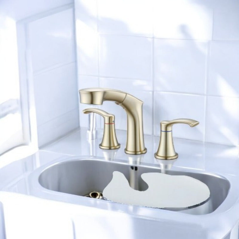 Elegant Golden Widespread Bathroom Sink Faucet with Pull-Out Sprayer