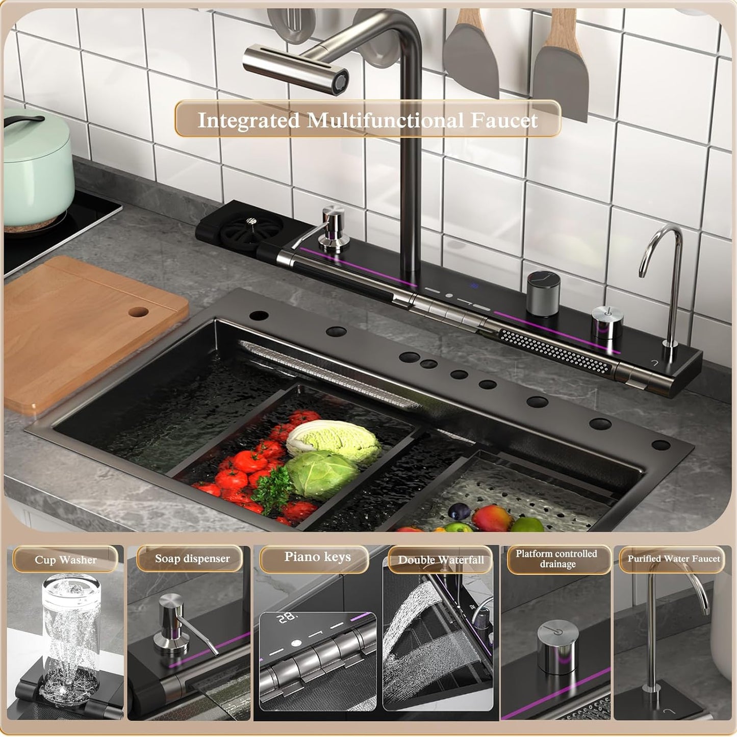 29.5 x 18.1 inch Stainless Steel Honeycomb Single Bowl Kitchen Sinks, Digital Display Double Waterfall Sink, With Pull-out Swivel Faucet and Pressurized Cup Washer (29.5 x 18.1 inch)