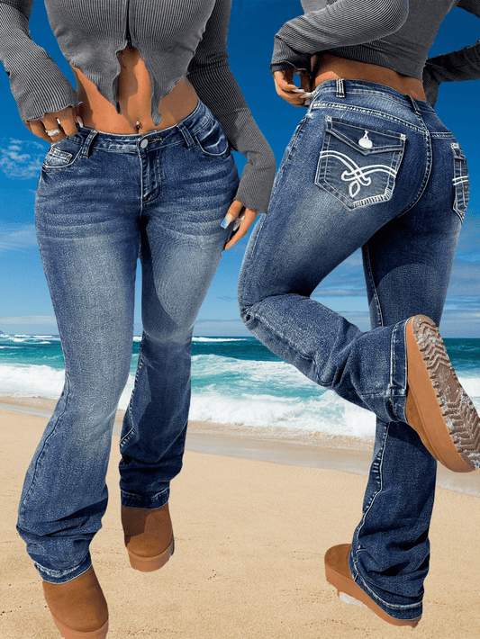 Plus Size Women's Flared Pocket Embroidered Pants Jeans