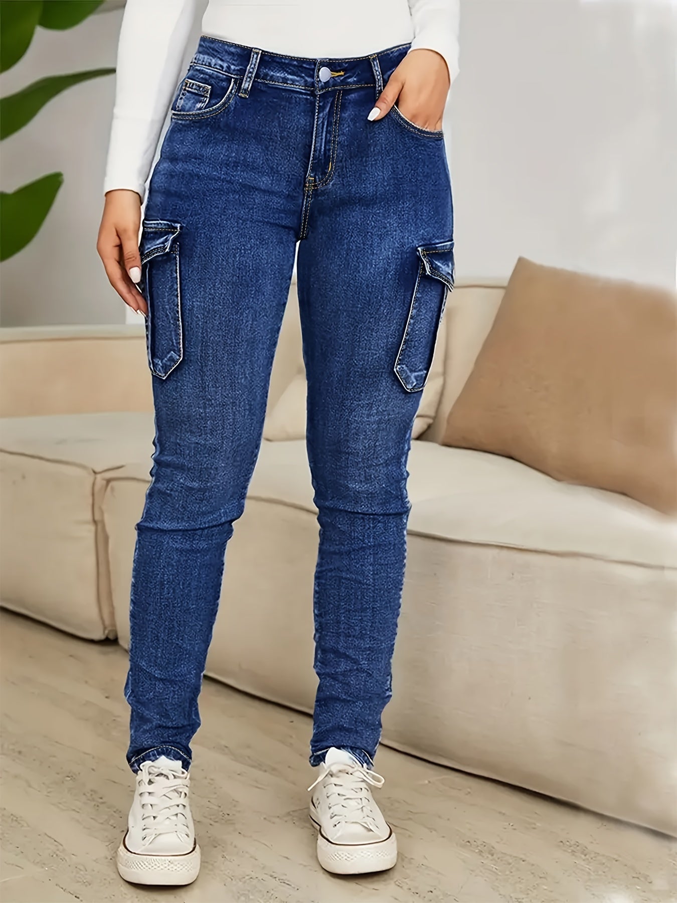 Women's Plus Size High-Waisted Jeans, Multi-Pocket Denim Pants