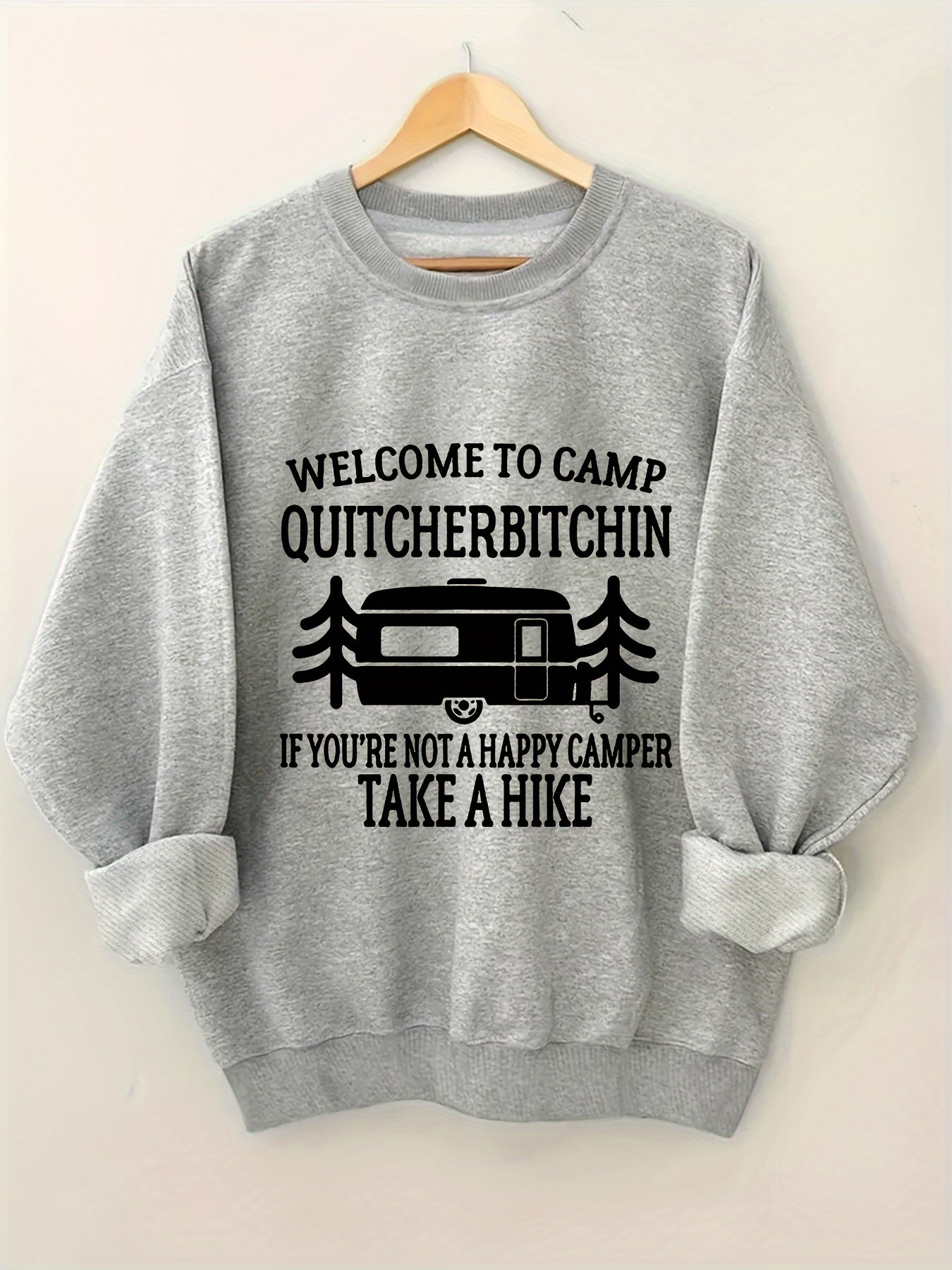 Women's Plus Size Crew Neck Pullover Sweatshirt - Alphabet Print "Welcome to Camp Quitcherbitchin" Graphic
