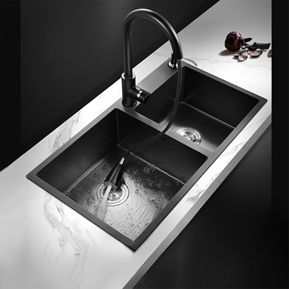 Black stainless steel double basin sink, pull out faucet set, drain basket, stainless steel, 28.34IN*15.74IN sink size, large capacity
