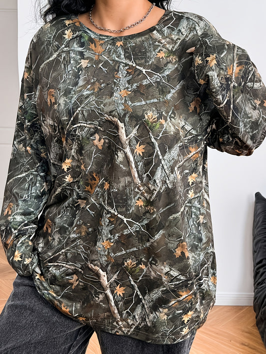 Women's Camouflage Print Long Sleeve T-Shirt, Polyester 95% Spandex 5% Knit Fabric, Medium Stretch