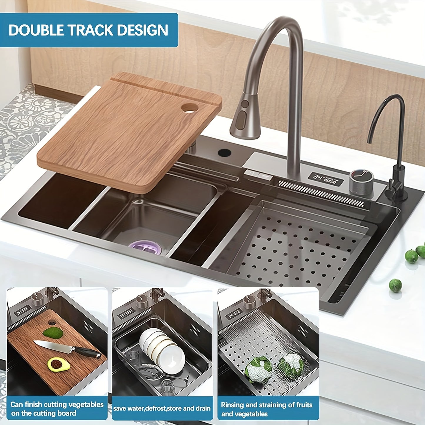 Digital Display Waterfall Sink, Single Bowl Kitchen Sink, Stainless Steel Bar Sink With Pull-down Nozzle Faucet