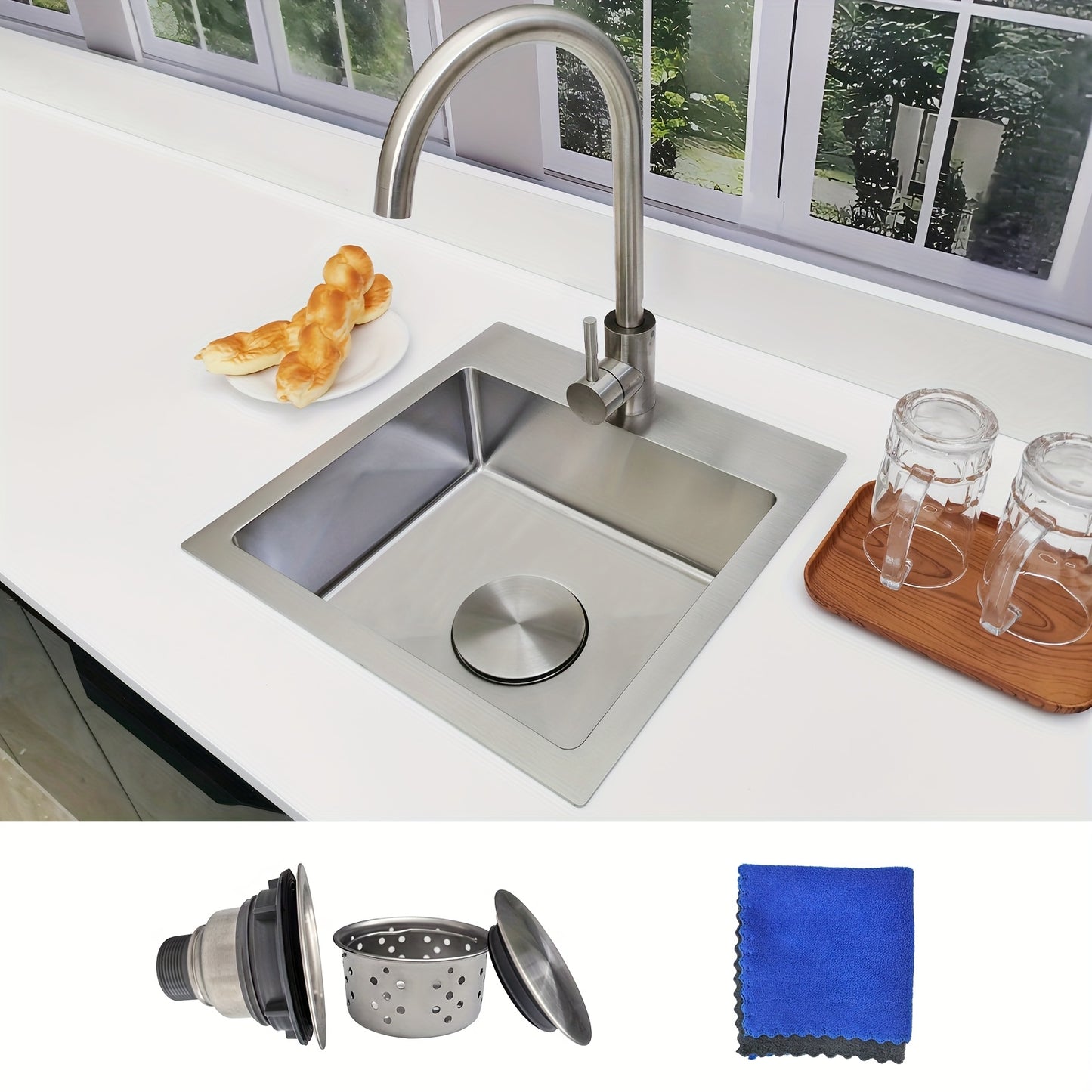 15" Modern Stainless Steel Bar Sink, 18 Gauge Single Bowl Square Kitchen Sink with Brushed Finish