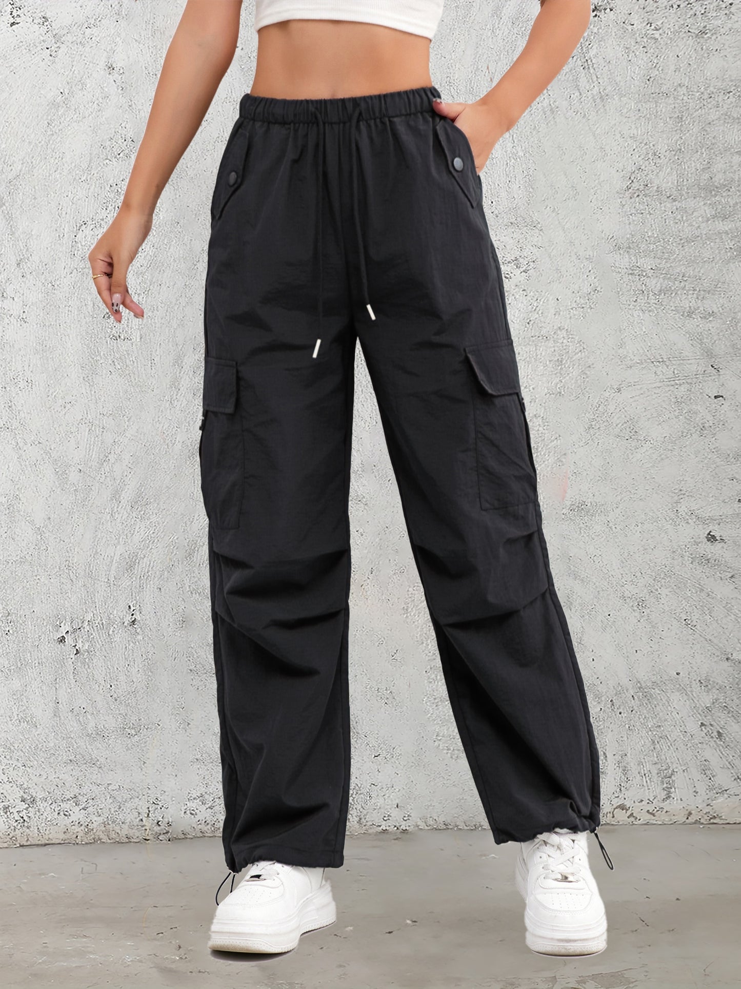 Women's High-Waist Cargo Pants with Elastic Drawstring Waistband, Multi-Pocket Design
