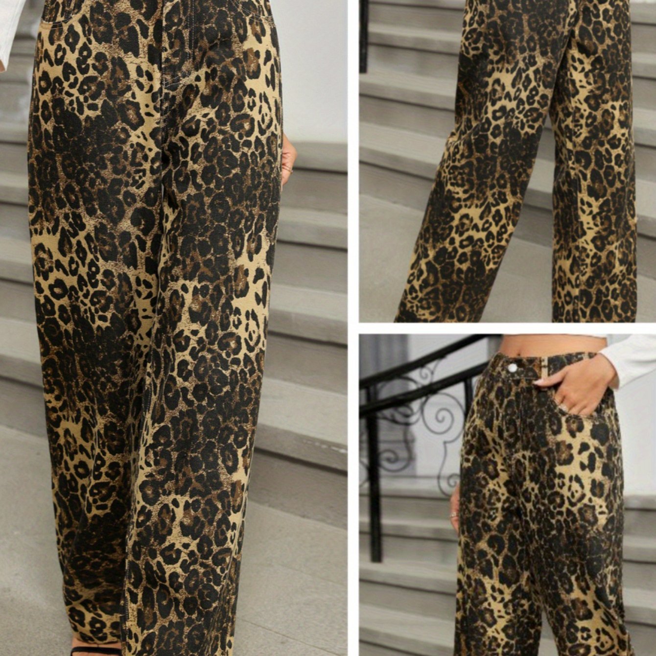 Women's Large Size High Waist Leopard Print Straight Jeans, Built-in Zipper, Comfortable