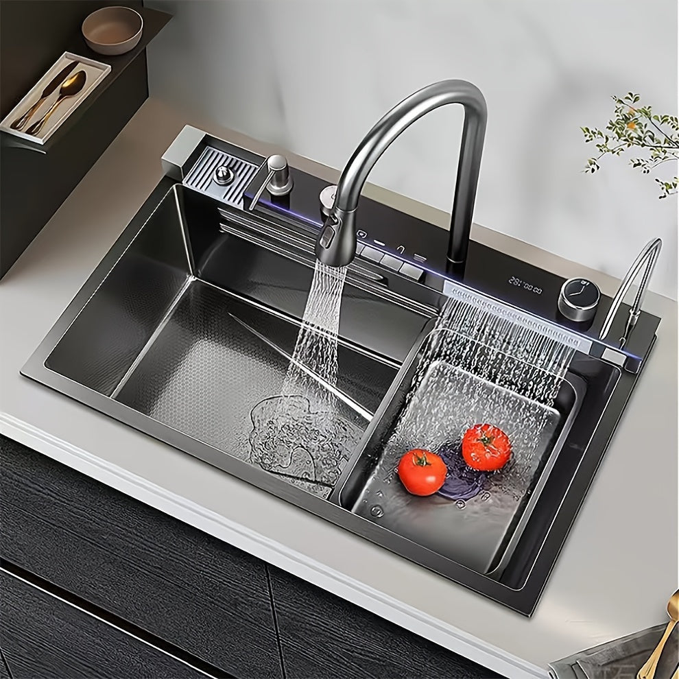 Extra Large Modern Black Stainless Steel Kitchen Sink with Digital Display, Dual Waterfall Design & Cup Holders