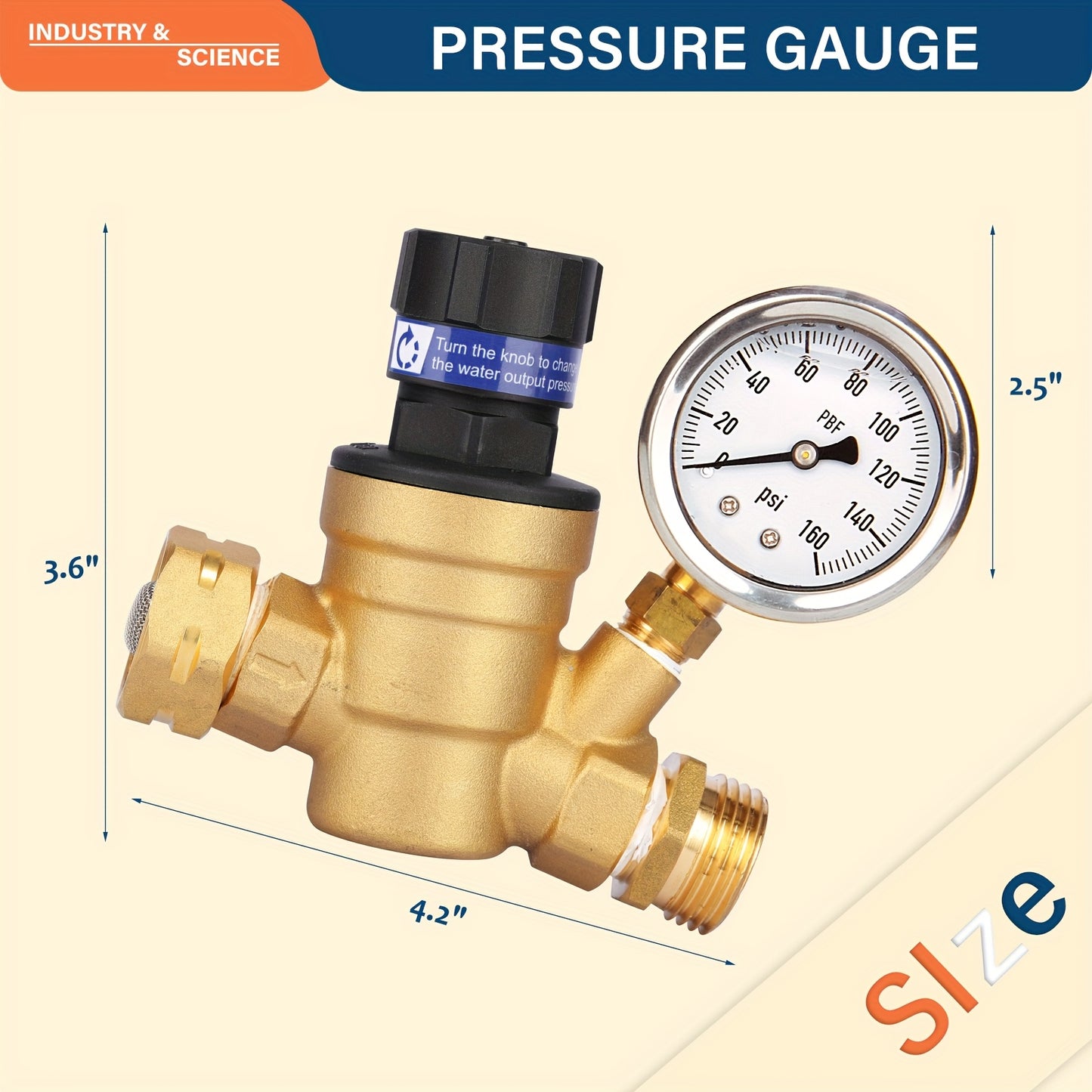 Adjustable Lead Free Brass RV Pressure Regulator, Liquid Filled Pressure Gauge 160psi And Inlet Screened Filter