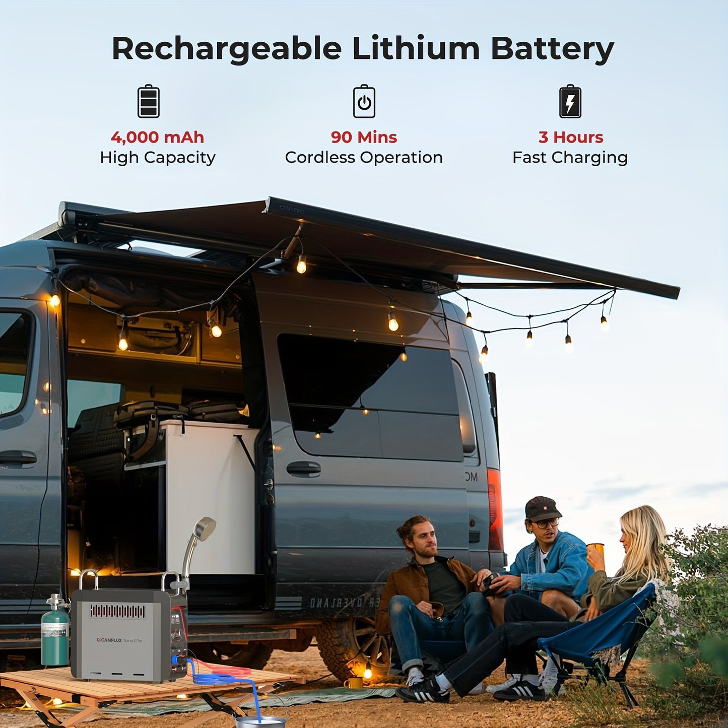 Portable Propane Water Heater & Shower Pump with Built-in 4000mAh Battery – Lightweight, Compact Design, Includes Flexible Charging Options