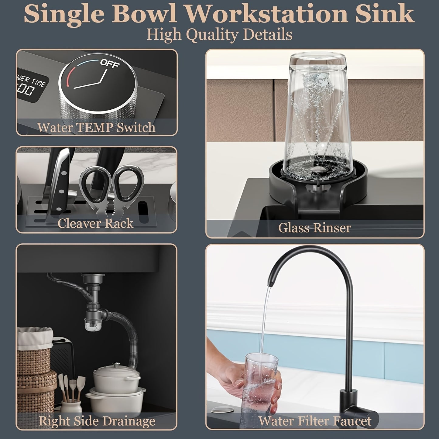 Black Nano Embedded Kitchen Sink, Waterfall Sink With Pull-down Nozzle Faucet, Single Slot Embedded Kitchen Sink Workstation With LED Temperature Display