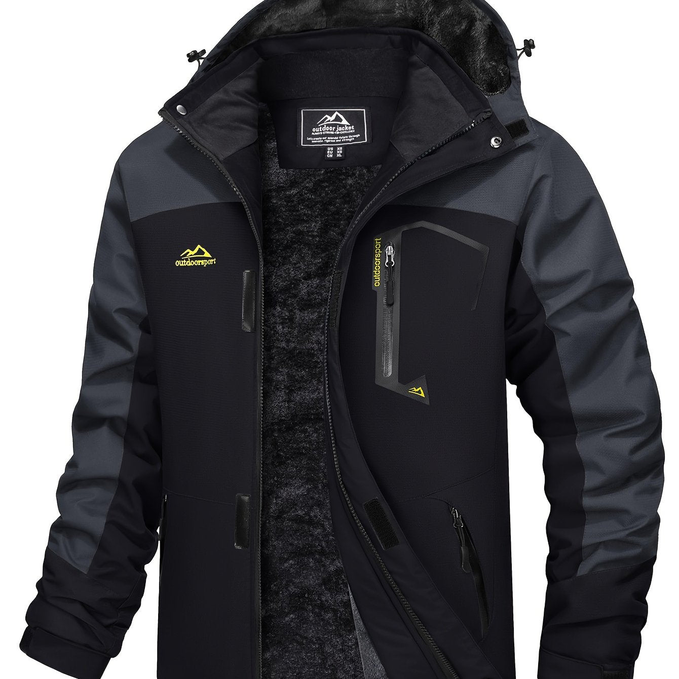 Men Winter Ski Snow Jacket - Multiple Zipper Pockets, Large Storage, Removable Hood, Adjustable Cuffs