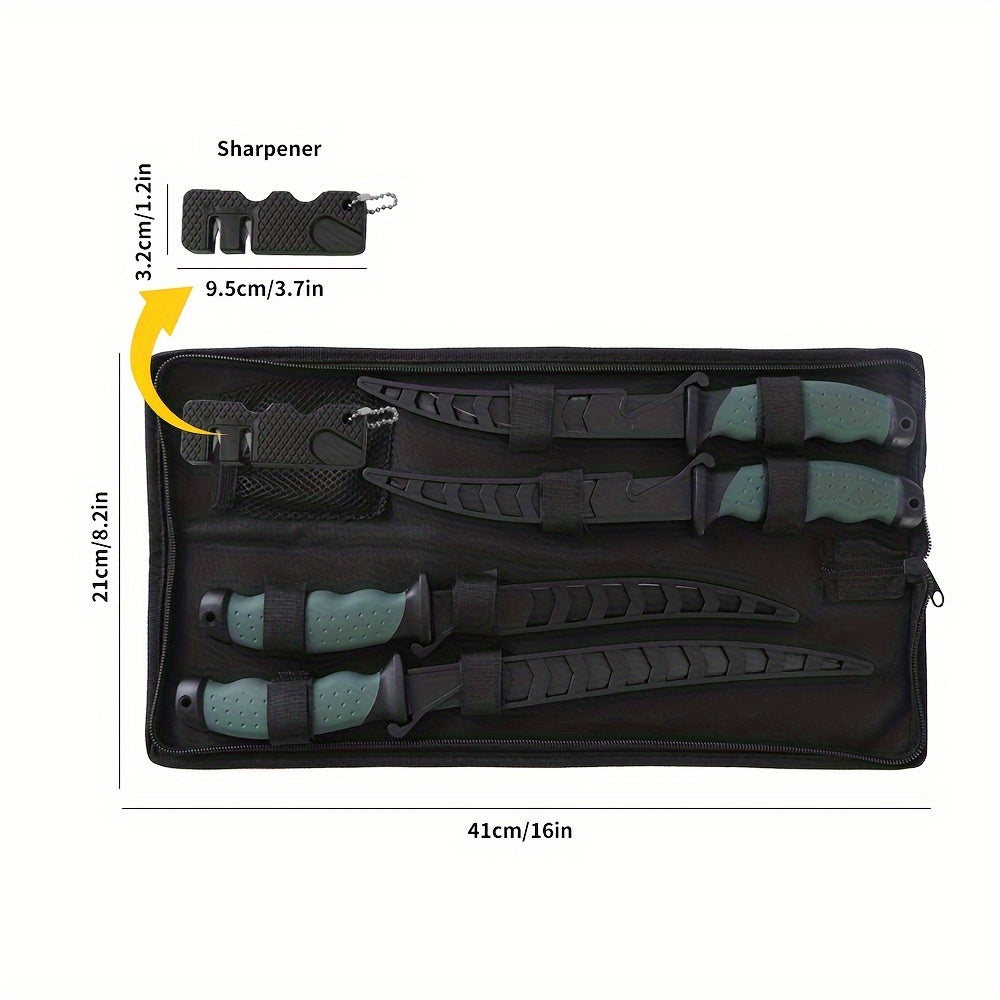 4pcs/Set Fish Cutting Fillet Knife, Non-stick Coating PP+TPR Soft Handle, Stainless Steel Fishing Knife Included Sheath