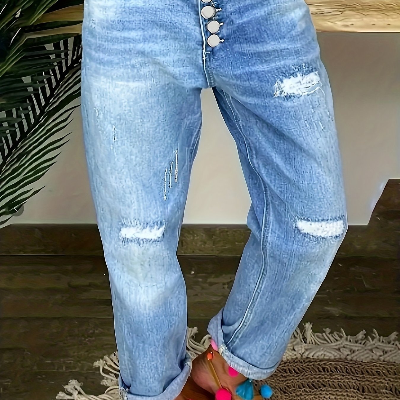 Women's Plus Size High-Waist Stretch Jeans with Colorful Button Fly