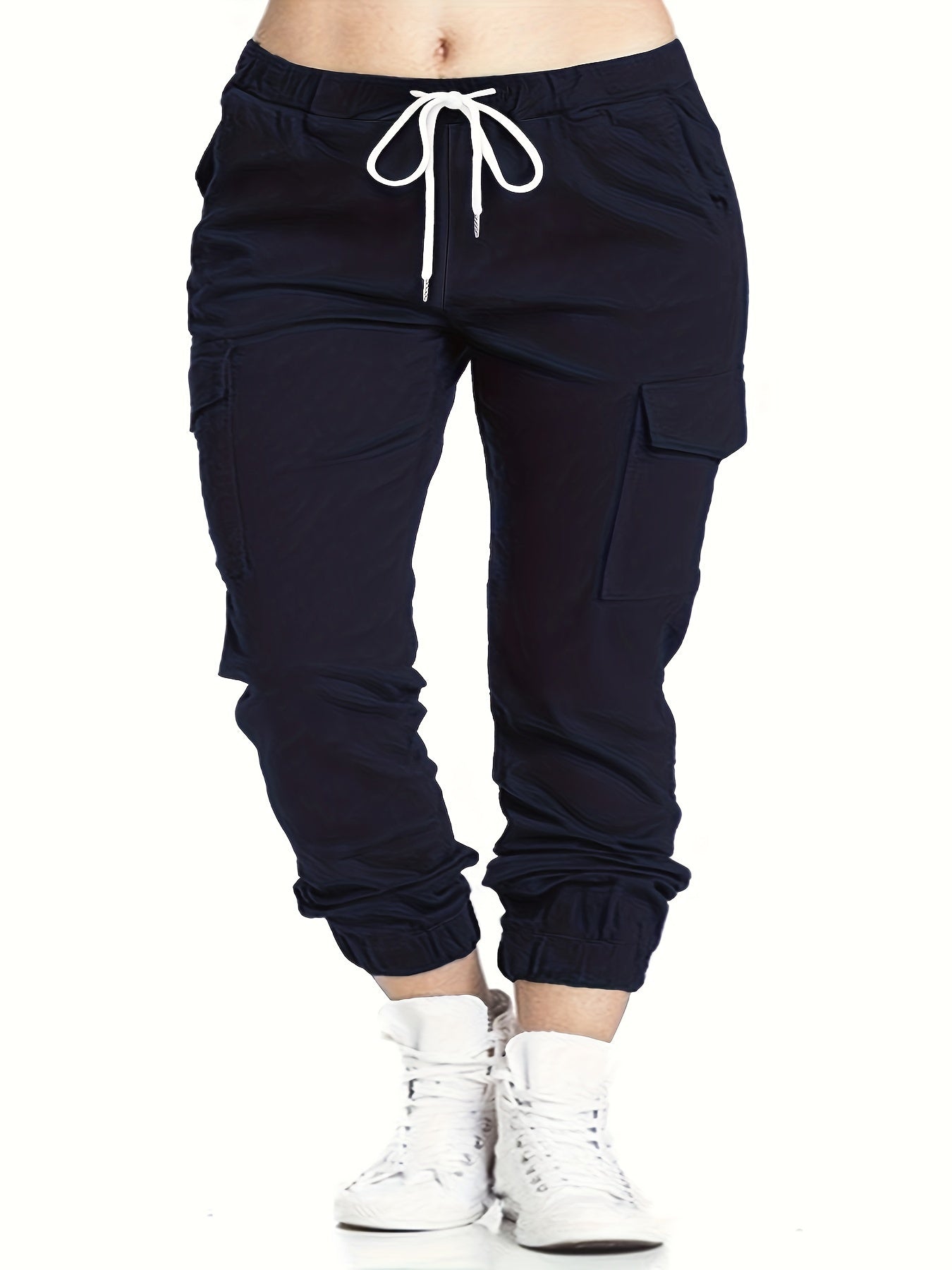 Plus Size Flap Pockets Fitted Bottom Cargo Pants, Drawstring Pants