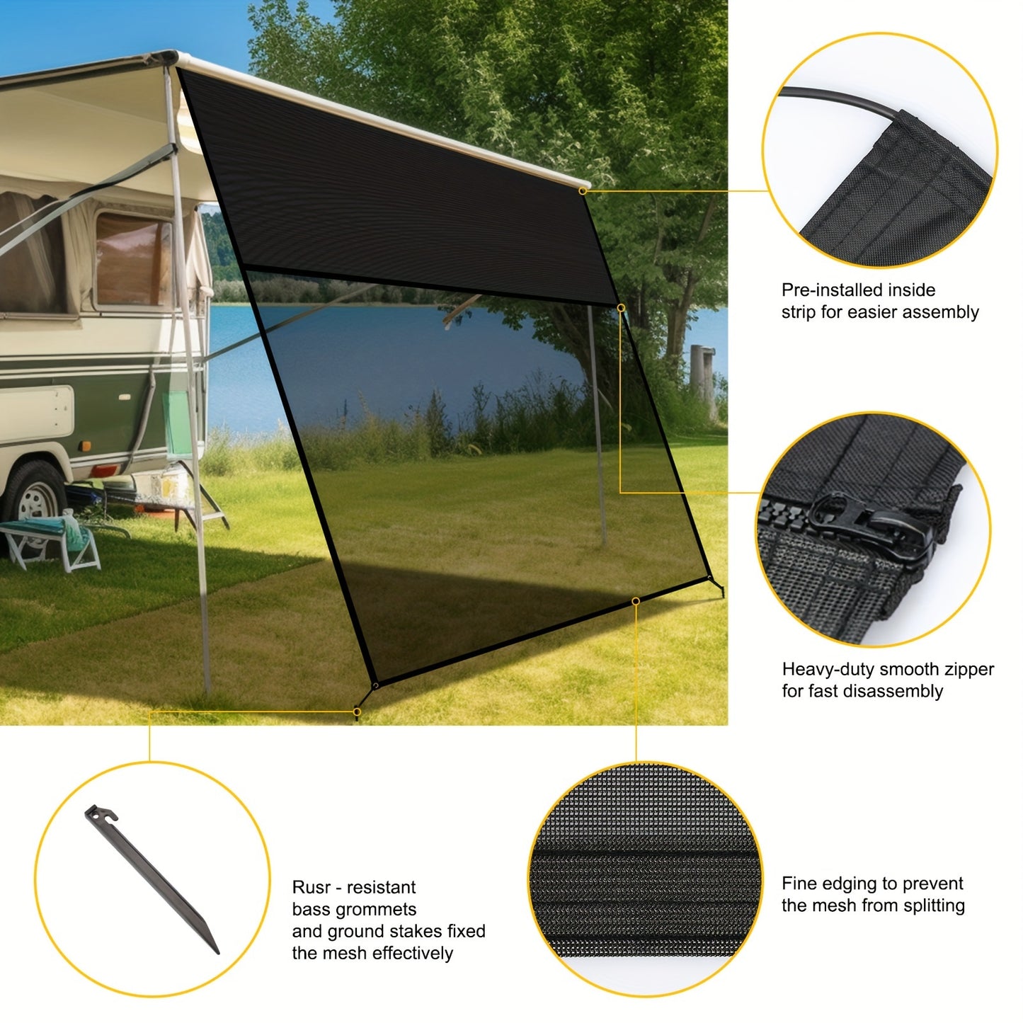 RV Awning Shade Screen With Zipper 14' X 8' - Black Mesh UV Blocker Sun Shade Complete Kits