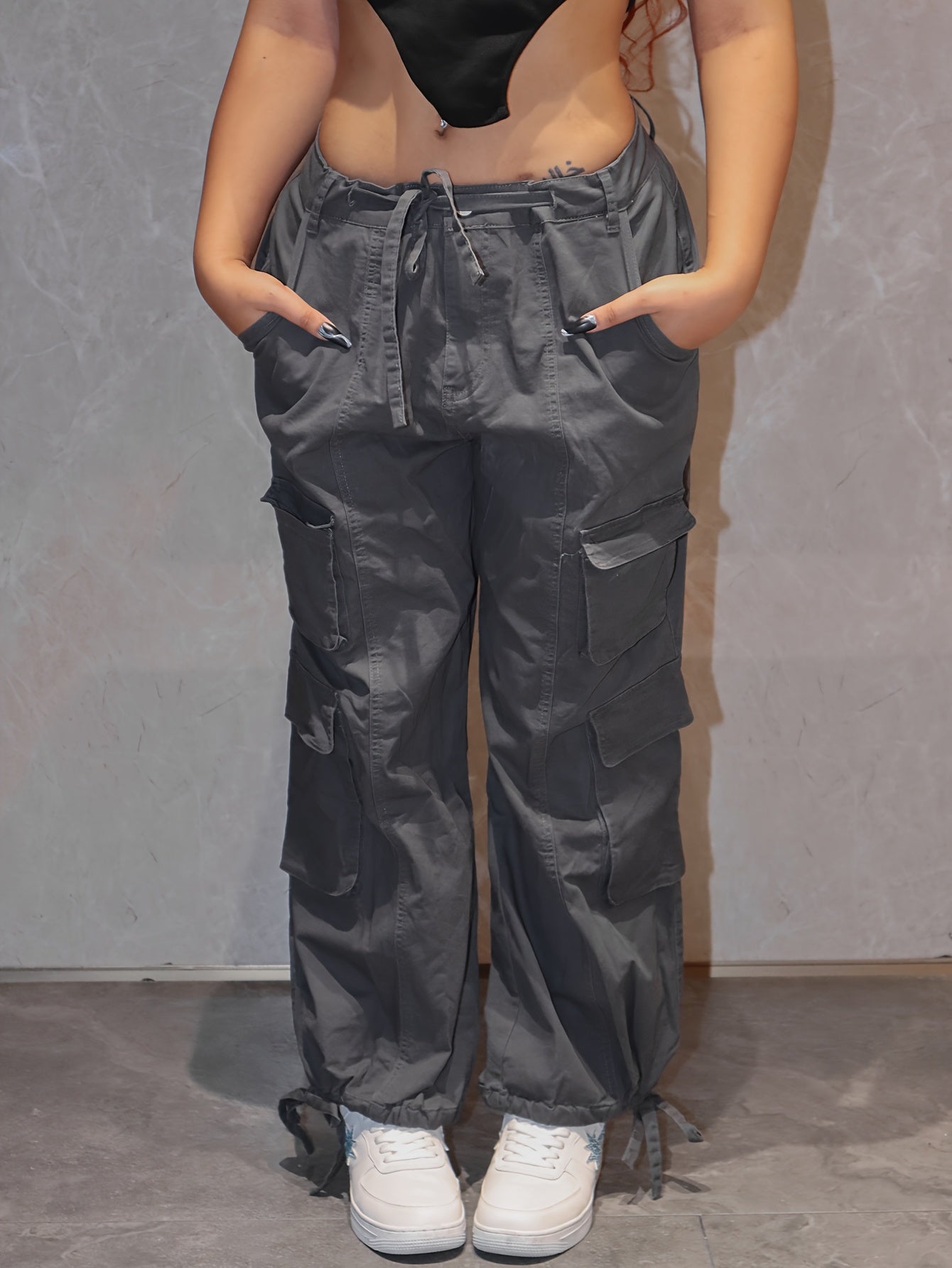 Women's High-Waist Cargo Jeans - Loose Fit, Straight Leg, Pants with Multiple Pockets, Machine Washable