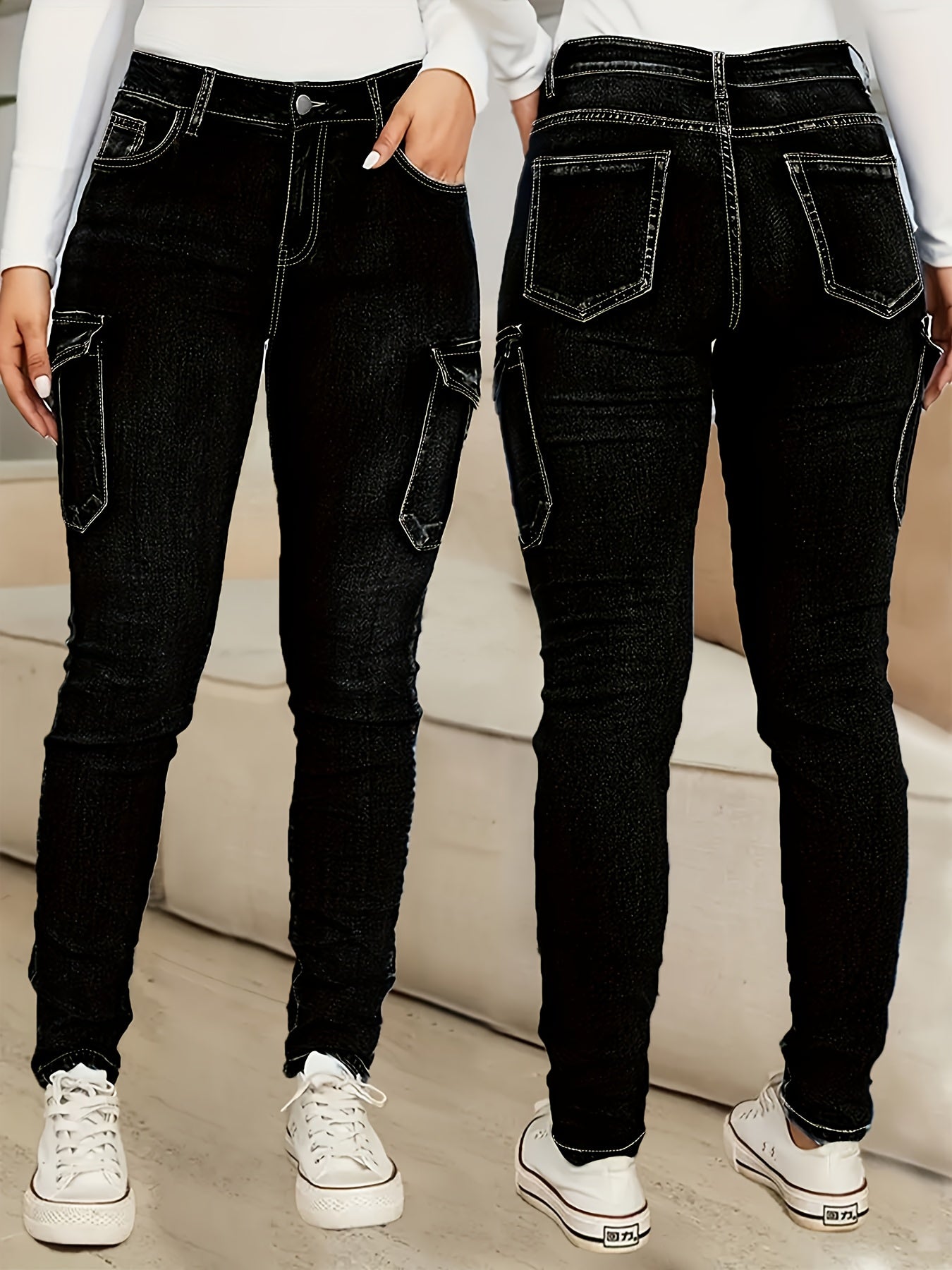 Women's Plus Size High-Waisted Jeans, Multi-Pocket Denim Pants