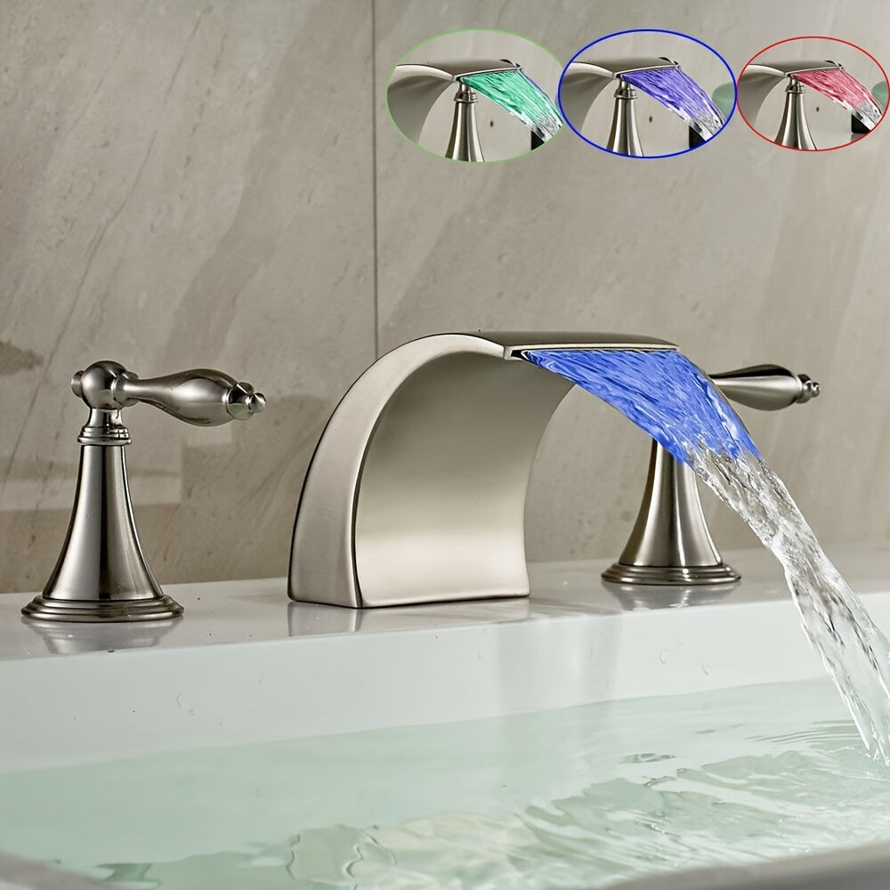 Waterfall Widespread Bathroom Sink Basin Faucet, 3 Hole 2 Handle With LED 8" Widespread LED Bathroom Sink Basin Fauce