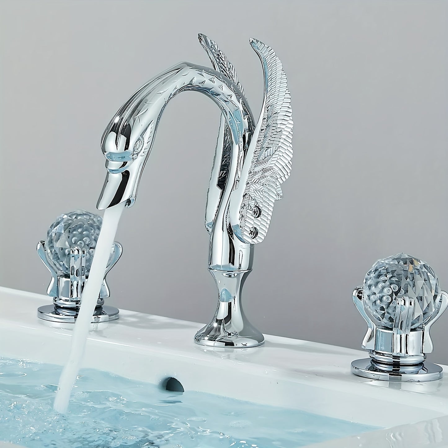 Bathroom Swan Basin Sink Faucet Golden 8-Inch 3 Hole 2 Crystal Handle Deck Mount