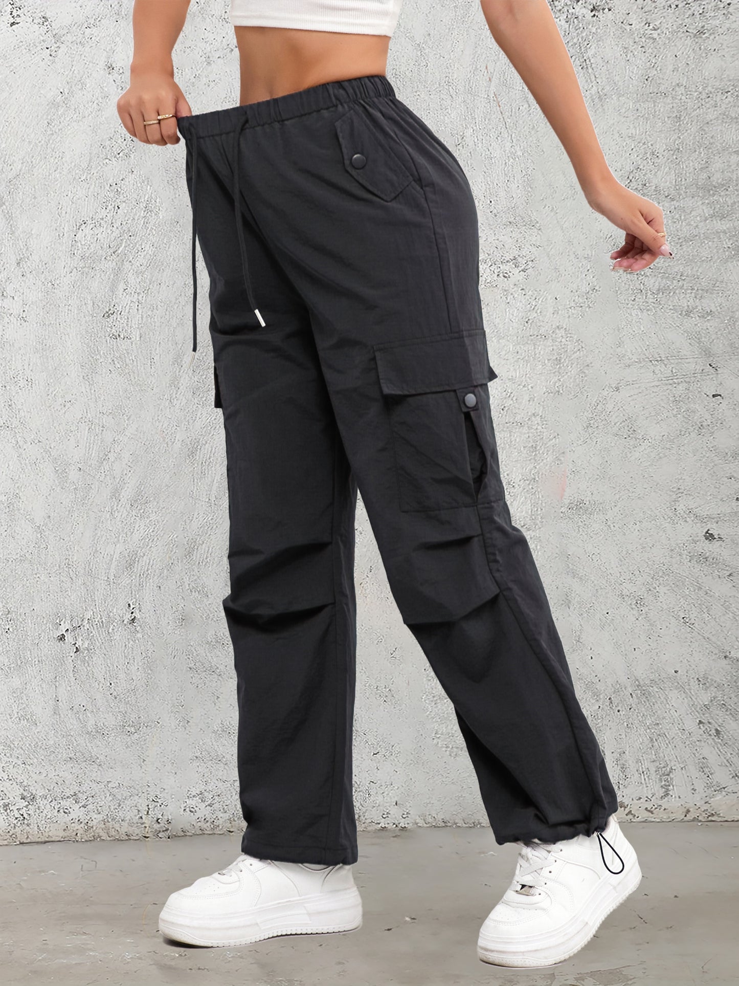 Women's High-Waist Cargo Pants with Elastic Drawstring Waistband, Multi-Pocket Design