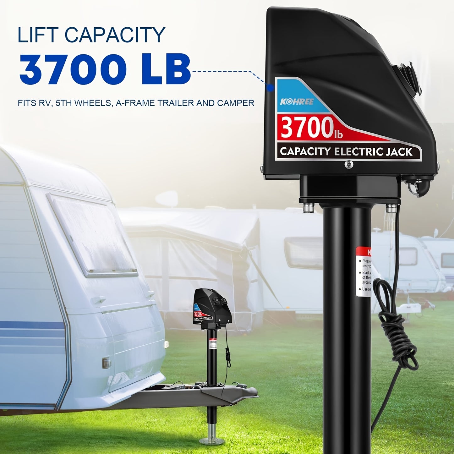 RV Electric Trailer Jack 5000lbs/3700lbs, Tongue Jack with Waterproof Cover & LED Work Light, Easy Install, 22" Lift, 12V DC