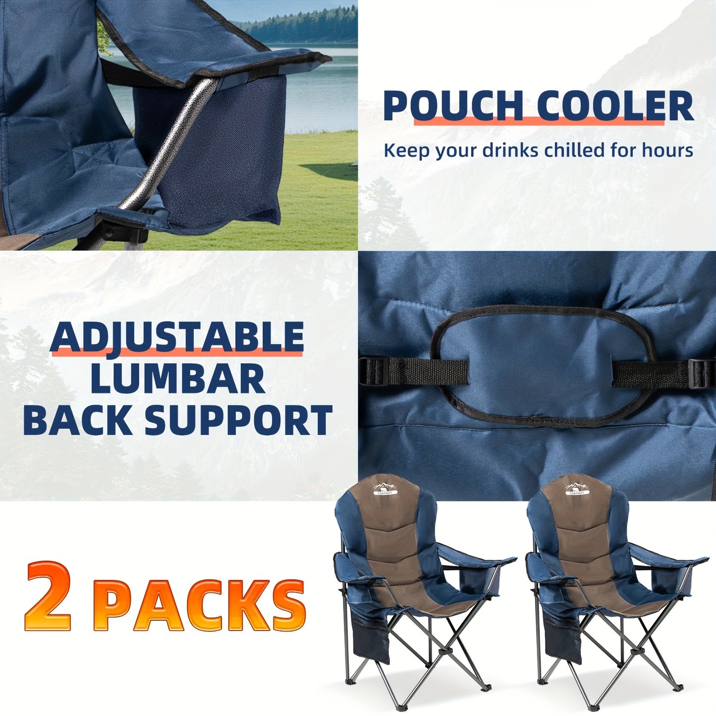 [Portable Camping Chairs] 2pcs High Back Folding Camping Chairs - 400lbs Capacity