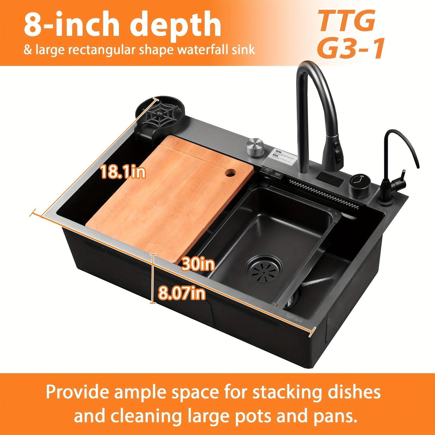 Waterfall Kitchen Sink, 30"/31.5" Drop In Smart Stainless Steel Kitchen Sink With Digital Display And Multifunctional Faucet