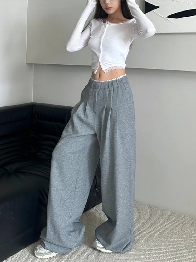 Vintage Gray Patchwork Sweatpants Woman Baggy